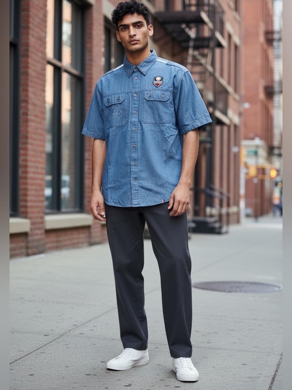 COOGI Australia Men's Chambray Short Sleeve Button Up Camp Shirt